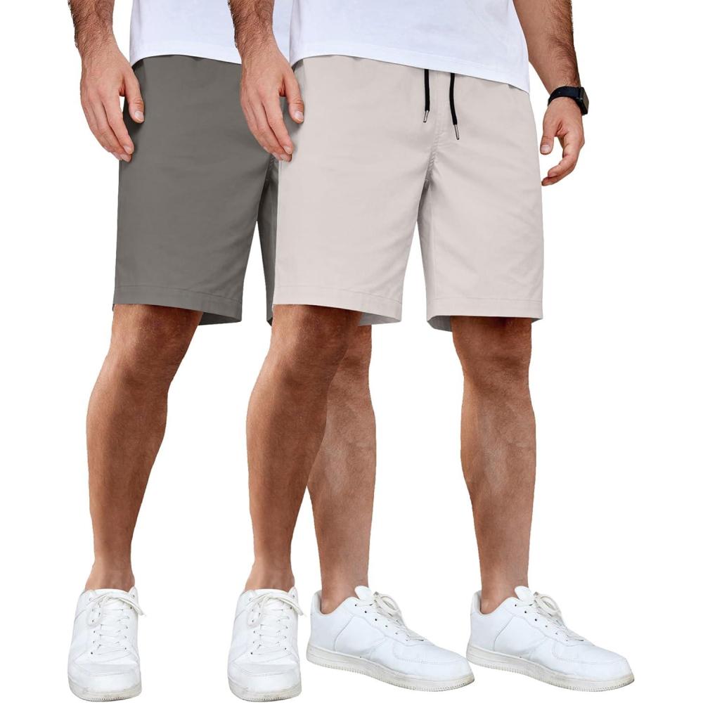 imageCOOFANDY Mens Casual Shorts Cotton Elastic Waist Drawstring Shorts Lightweight Summer Beach Shorts2 Pack Dark Grey Light Grey