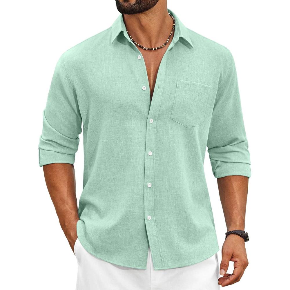 imageCOOFANDY Mens Cotton Linen Button Down Shirts Long Sleeve Casual Summer Beach Shirts for MenBright Green