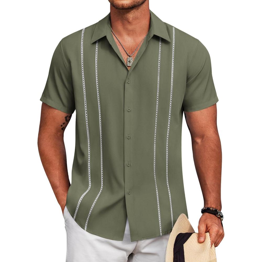 imageCOOFANDY Mens Cuban Guayabera Shirt Short Sleeve Button Down Shirts Summer Beach Vacation ShirtsArmy Green White Webbing