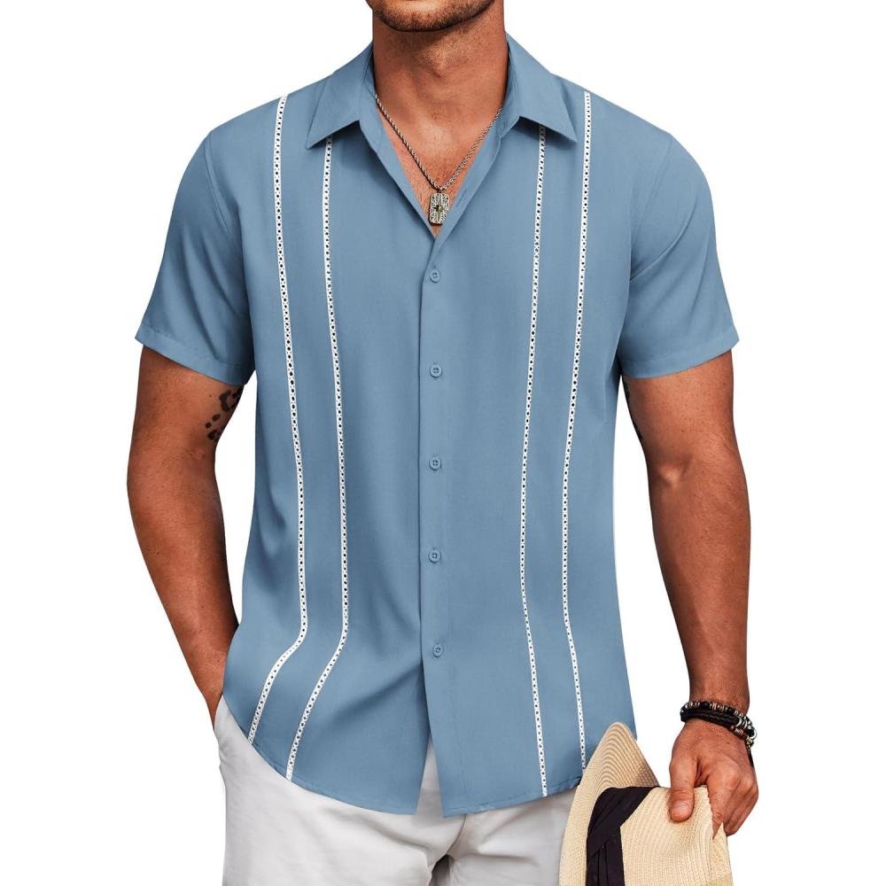 imageCOOFANDY Mens Cuban Guayabera Shirt Short Sleeve Button Down Shirts Summer Beach Vacation ShirtsDenim Blue White Webbing