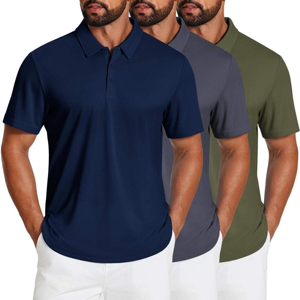 imageCOOFANDY Mens Golf Polo Shirts Short Sleeve Quick Dry Moisture Wicking Performance Collared Golf Shirt for MenNavyarmy Greendark Grey
