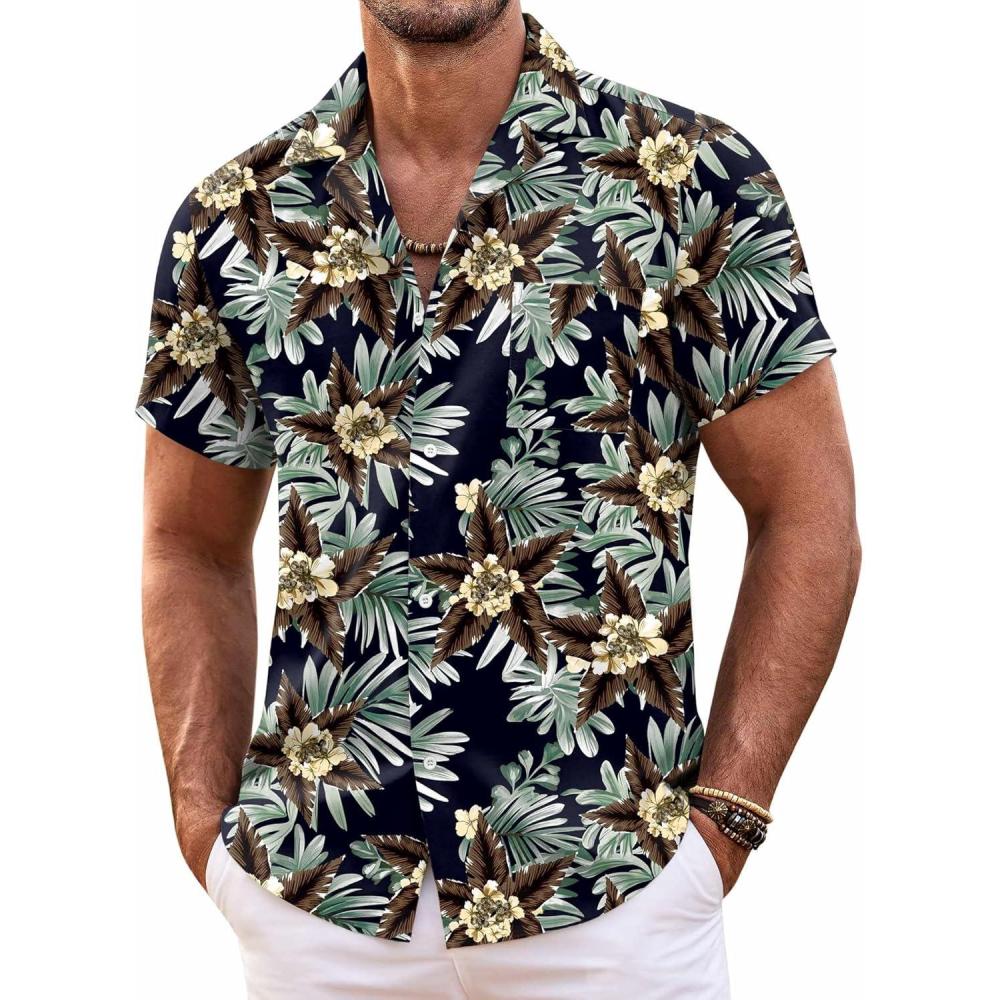 imageCOOFANDY Mens Hawaiian Shirt Short Sleeve Floral Button Down Shirts Tropical Summer Beach Shirts Camp Collar ShirtBlack Khaki Flower