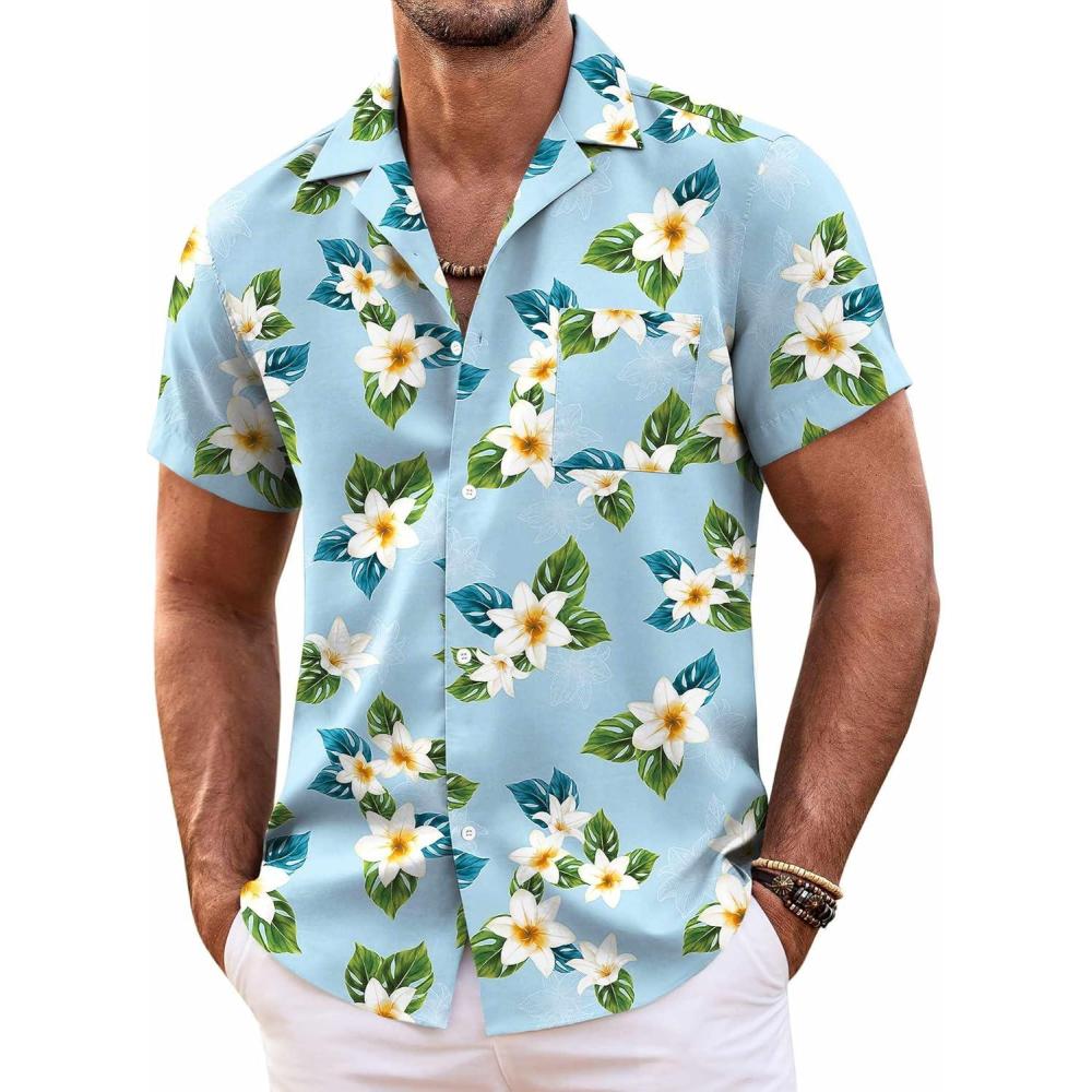 imageCOOFANDY Mens Hawaiian Shirt Short Sleeve Floral Button Down Shirts Tropical Summer Beach Shirts Camp Collar ShirtBlue Frangipani