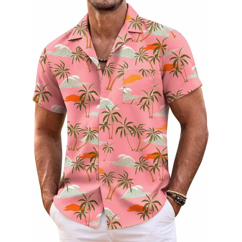 imageCOOFANDY Mens Hawaiian Shirt Short Sleeve Floral Button Down Shirts Tropical Summer Beach Shirts Camp Collar ShirtPink Coconut Tree Sea