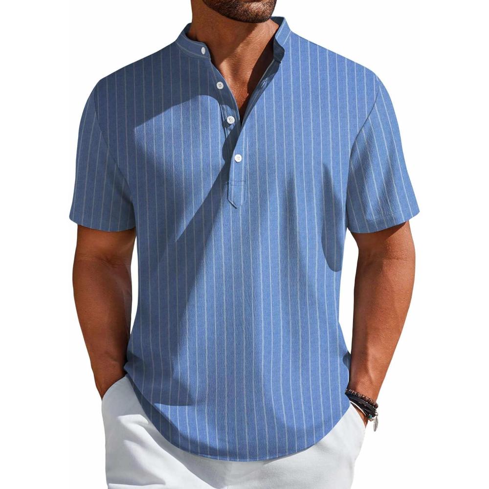 imageCOOFANDY Mens Henley Shirt Short Sleeve Casual TShirt Summer Beach Hippie Henley Tee ShirtBlue Striped
