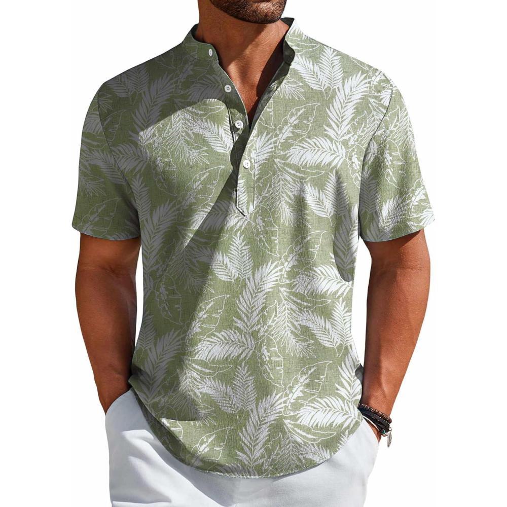 imageCOOFANDY Mens Henley Shirt Short Sleeve Casual TShirt Summer Beach Hippie Henley Tee ShirtGreen  Palm Leaf