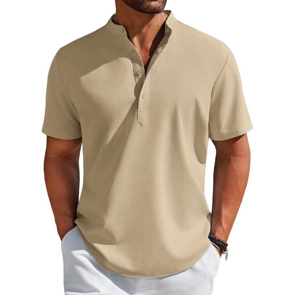 imageCOOFANDY Mens Henley Shirt Short Sleeve Casual TShirt Summer Beach Hippie Henley Tee ShirtLight Khaki