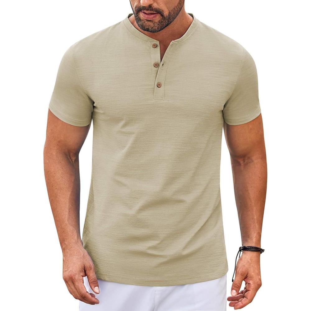 imageCOOFANDY Mens Henley Shirts Short Sleeve Casual Stylish Tshirt Lightweight Summer Basic Tee TopsKhaki