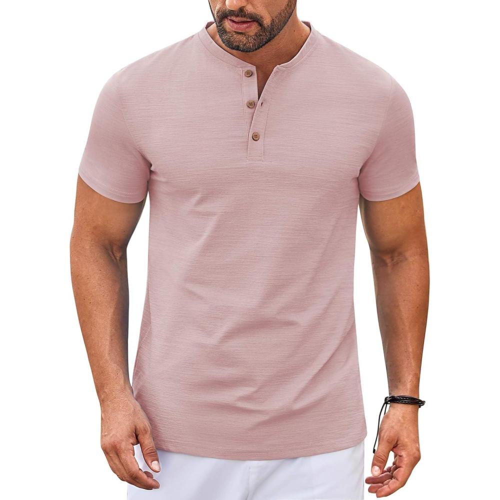 imageCOOFANDY Mens Henley Shirts Short Sleeve Casual Stylish Tshirt Lightweight Summer Basic Tee TopsPink