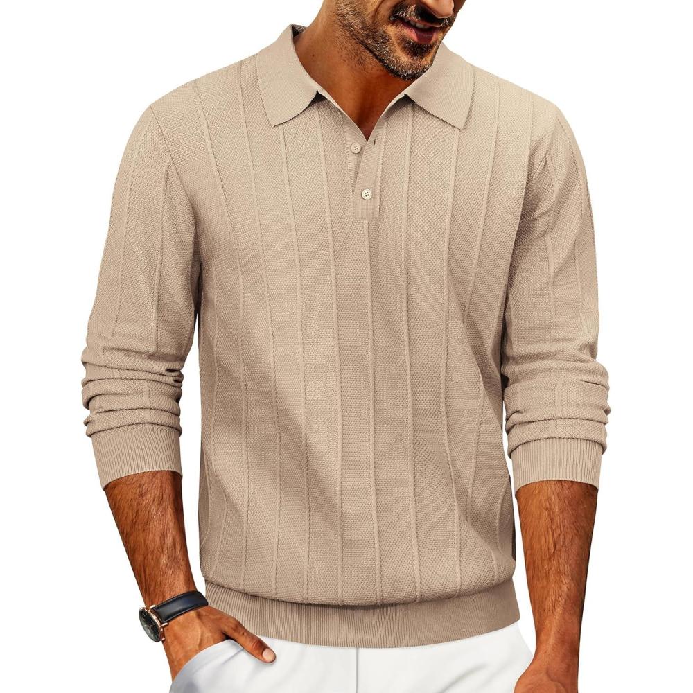 imageCOOFANDY Mens Knit Polo Long Sleeve Polos Sweater Causal Collared Golf Sweaters Fashion Business Dress PulloverKhaki