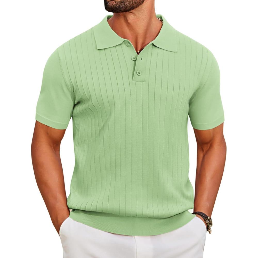 imageCOOFANDY Mens Knit Polo Shirts Short Sleeve Ribbed Knitted Shirt Summer Lightweight Casual Golf ShirtsIce Green