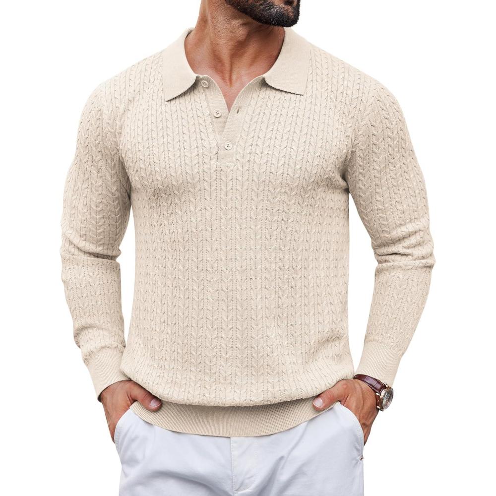 imageCOOFANDY Mens Knit Polo Sweater Long Sleeve Quarter Button Polo Shirts Casual Ribbed Collared Shirt Golf Pullover SweatersBeige