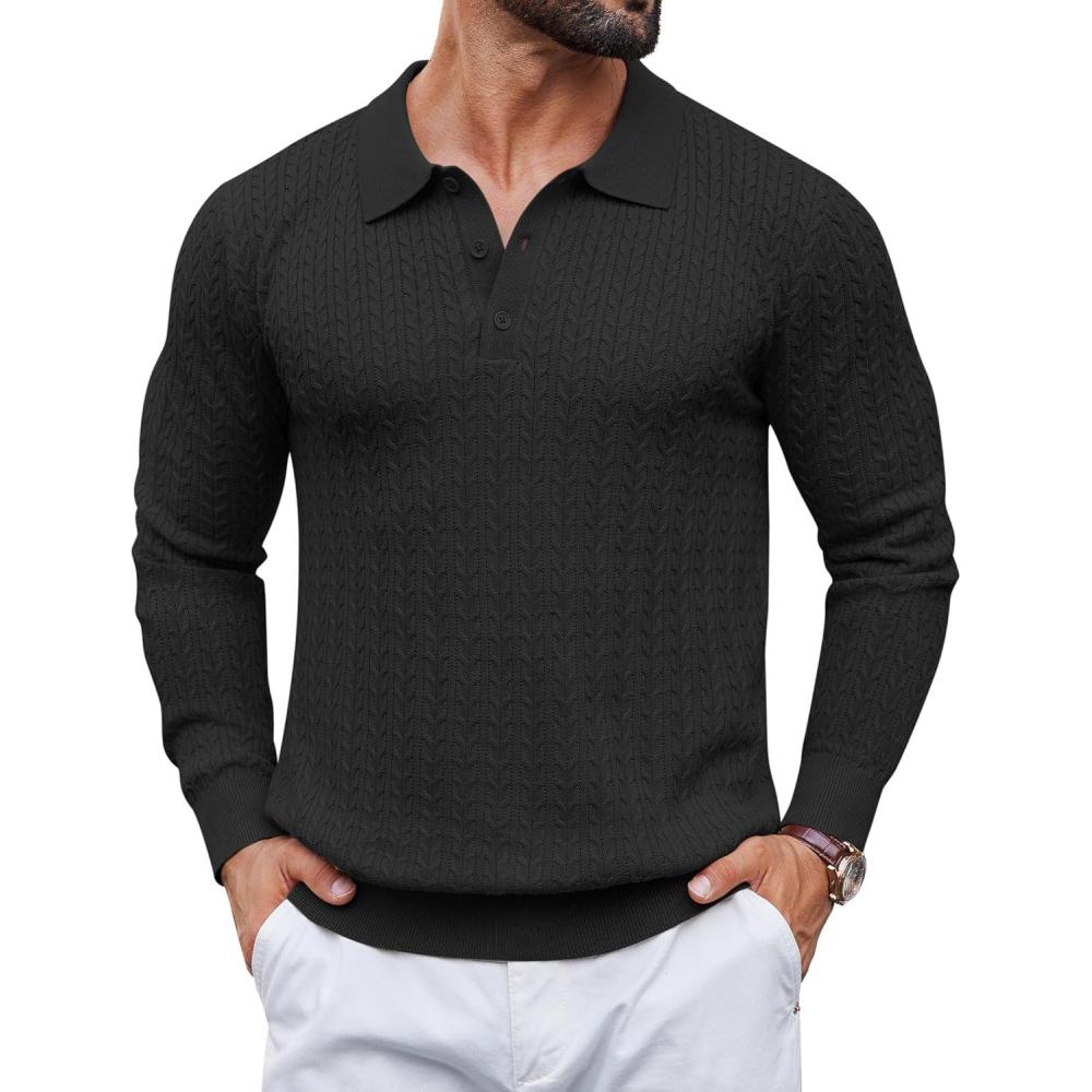 imageCOOFANDY Mens Knit Polo Sweater Long Sleeve Quarter Button Polo Shirts Casual Ribbed Collared Shirt Golf Pullover SweatersBlack