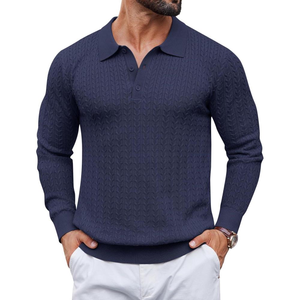 imageCOOFANDY Mens Knit Polo Sweater Long Sleeve Quarter Button Polo Shirts Casual Ribbed Collared Shirt Golf Pullover SweatersBlue Purple