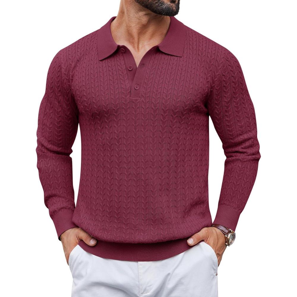 imageCOOFANDY Mens Knit Polo Sweater Long Sleeve Quarter Button Polo Shirts Casual Ribbed Collared Shirt Golf Pullover SweatersDark Red