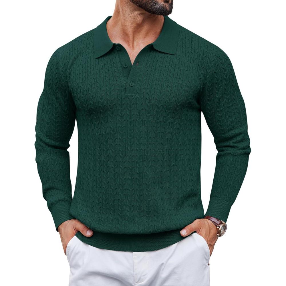 imageCOOFANDY Mens Knit Polo Sweater Long Sleeve Quarter Button Polo Shirts Casual Ribbed Collared Shirt Golf Pullover SweatersLake Green