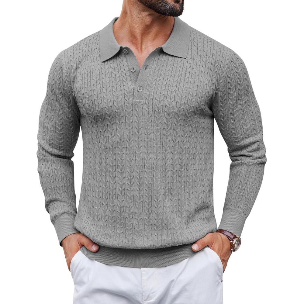 imageCOOFANDY Mens Knit Polo Sweater Long Sleeve Quarter Button Polo Shirts Casual Ribbed Collared Shirt Golf Pullover SweatersMedium Gray