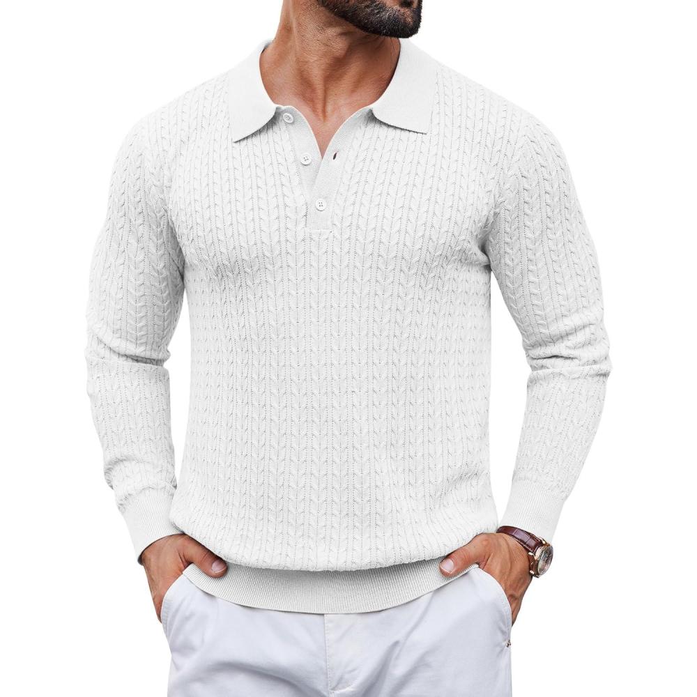 imageCOOFANDY Mens Knit Polo Sweater Long Sleeve Quarter Button Polo Shirts Casual Ribbed Collared Shirt Golf Pullover SweatersWhite