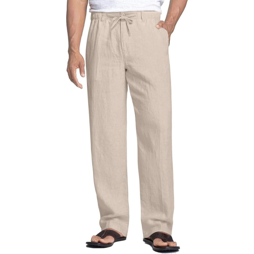 imageCOOFANDY Mens Linen Pants Casual Beach Summer Pant Elastic Waist Drawstring Lightweight TrousersBeige