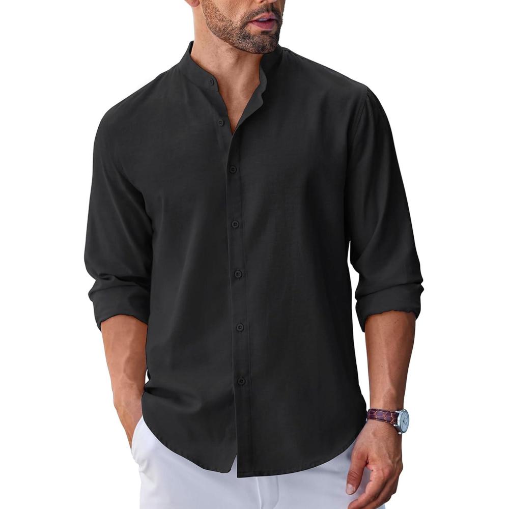 imageCOOFANDY Mens Long Sleeve Oxford Dress Shirts Button Down Shirt Casual Band Collar ShirtsBlack