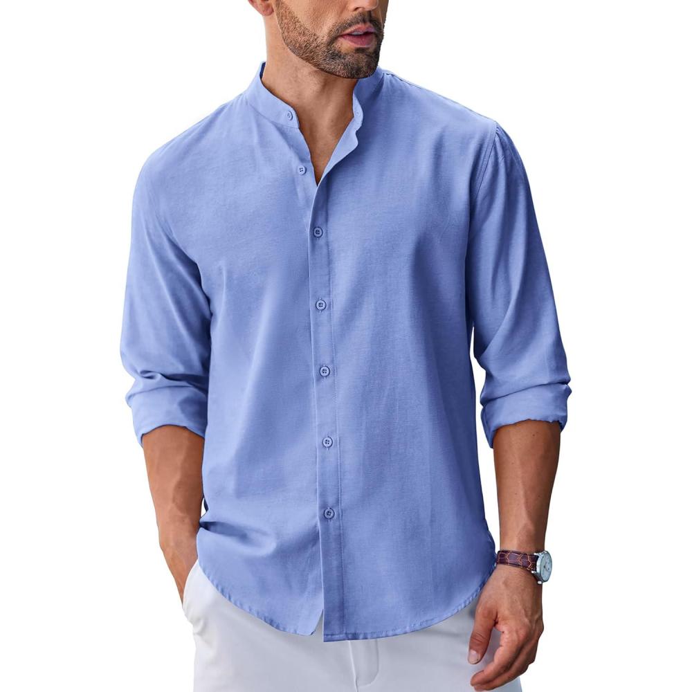 imageCOOFANDY Mens Long Sleeve Oxford Dress Shirts Button Down Shirt Casual Band Collar ShirtsBlue
