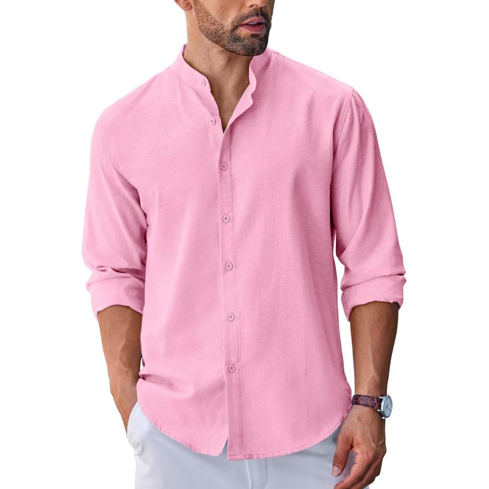 imageCOOFANDY Mens Long Sleeve Oxford Dress Shirts Button Down Shirt Casual Band Collar ShirtsPink