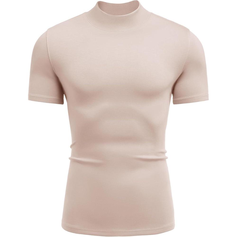 imageCOOFANDY Mens Mock Turtleneck Short Sleeve Casual Stretch SweaterKhaki