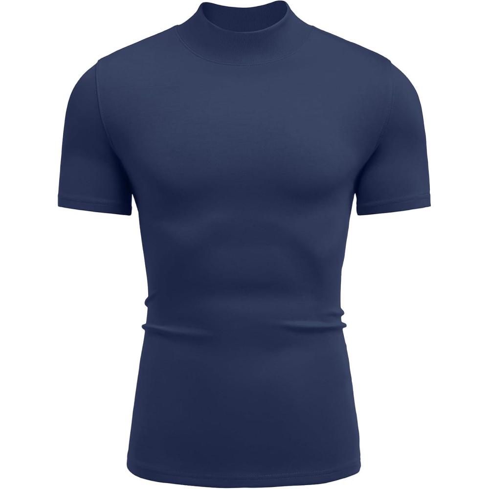 imageCOOFANDY Mens Mock Turtleneck Short Sleeve Casual Stretch SweaterNavy Blue