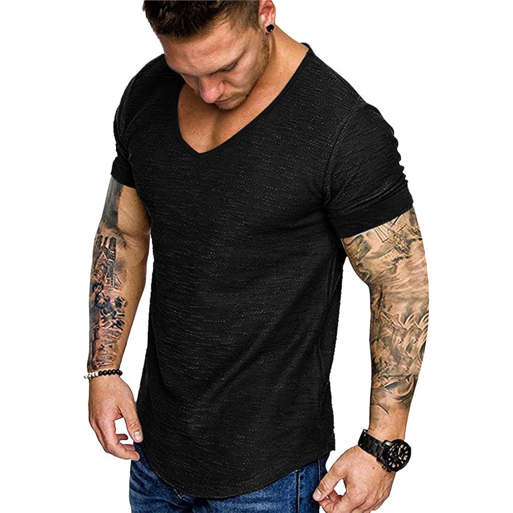 imageCOOFANDY Mens Muscle T Shirts Stretch Short Sleeve V Neck Bodybuilding Workout Tee Shirts Ribbed Knit ShirtBlack