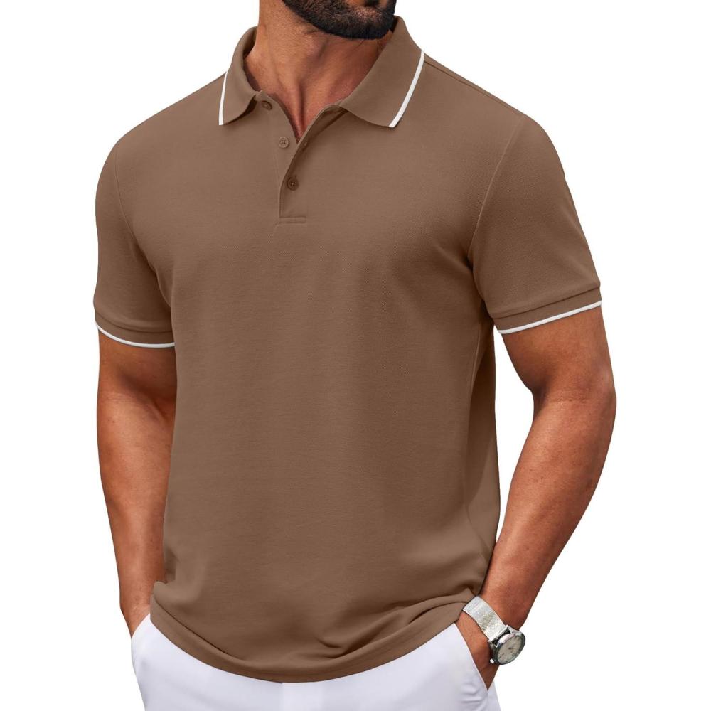 imageCOOFANDY Mens Polo Shirts Classic Short Sleeve Polo T Shirts Cotton Pique Casual Summer Fashion Golf ShirtBrown