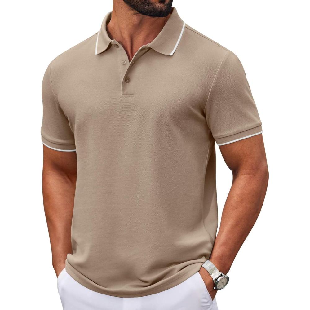 imageCOOFANDY Mens Polo Shirts Classic Short Sleeve Polo T Shirts Cotton Pique Casual Summer Fashion Golf ShirtKhaki