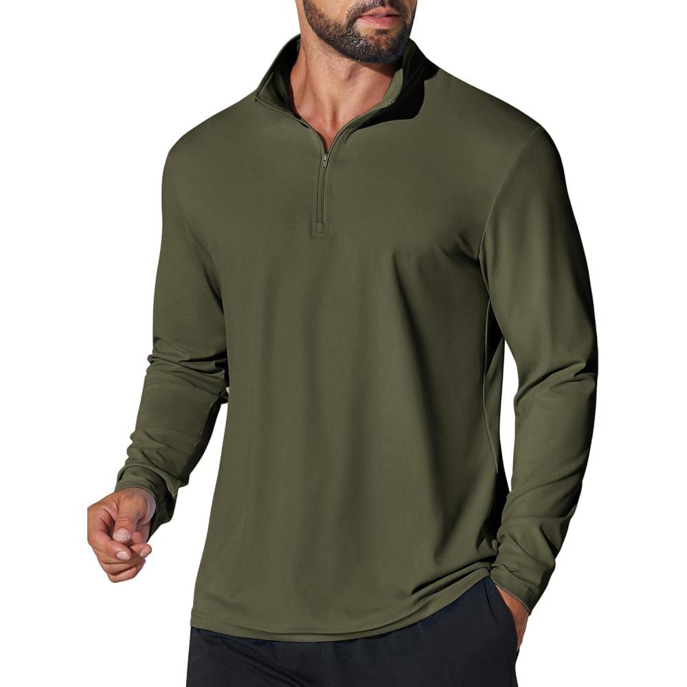 imageCOOFANDY Mens Quarter Zip Pullover Athletic Shirt Long Sleeve Sun Protection Shirt Golf Zip Up Lightweight T Shirts for ManArmy Green