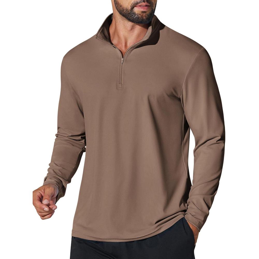 imageCOOFANDY Mens Quarter Zip Pullover Athletic Shirt Long Sleeve Sun Protection Shirt Golf Zip Up Lightweight T Shirts for ManBrown