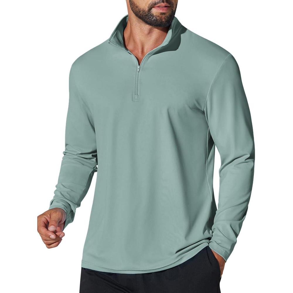 imageCOOFANDY Mens Quarter Zip Pullover Athletic Shirt Long Sleeve Sun Protection Shirt Golf Zip Up Lightweight T Shirts for ManGreen