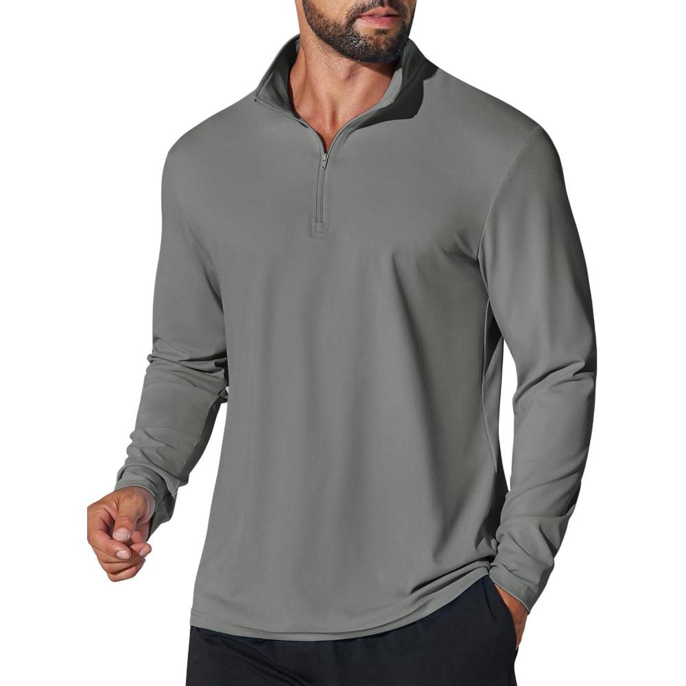 imageCOOFANDY Mens Quarter Zip Pullover Athletic Shirt Long Sleeve Sun Protection Shirt Golf Zip Up Lightweight T Shirts for ManGrey