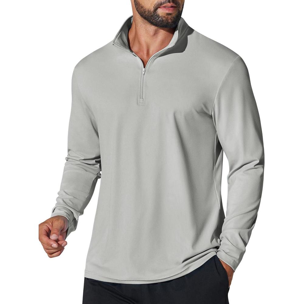 imageCOOFANDY Mens Quarter Zip Pullover Athletic Shirt Long Sleeve Sun Protection Shirt Golf Zip Up Lightweight T Shirts for ManLight Grey