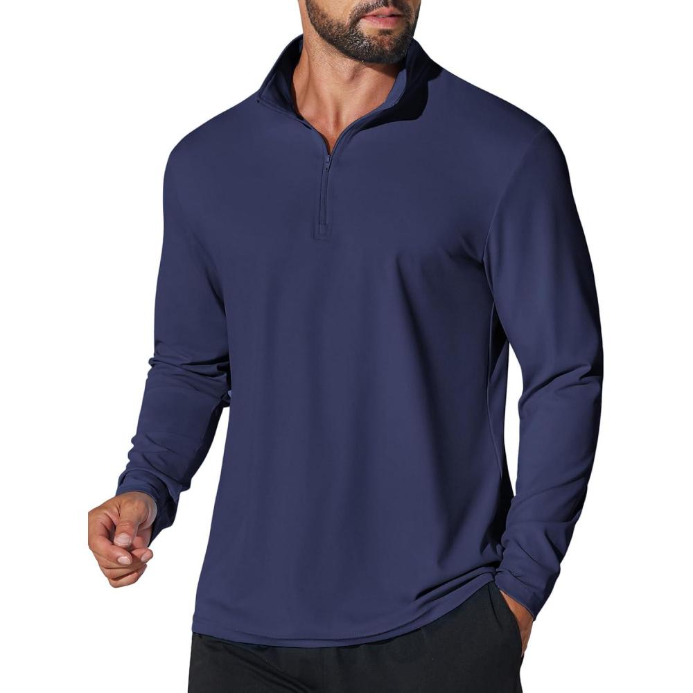 imageCOOFANDY Mens Quarter Zip Pullover Athletic Shirt Long Sleeve Sun Protection Shirt Golf Zip Up Lightweight T Shirts for ManNavy Blue
