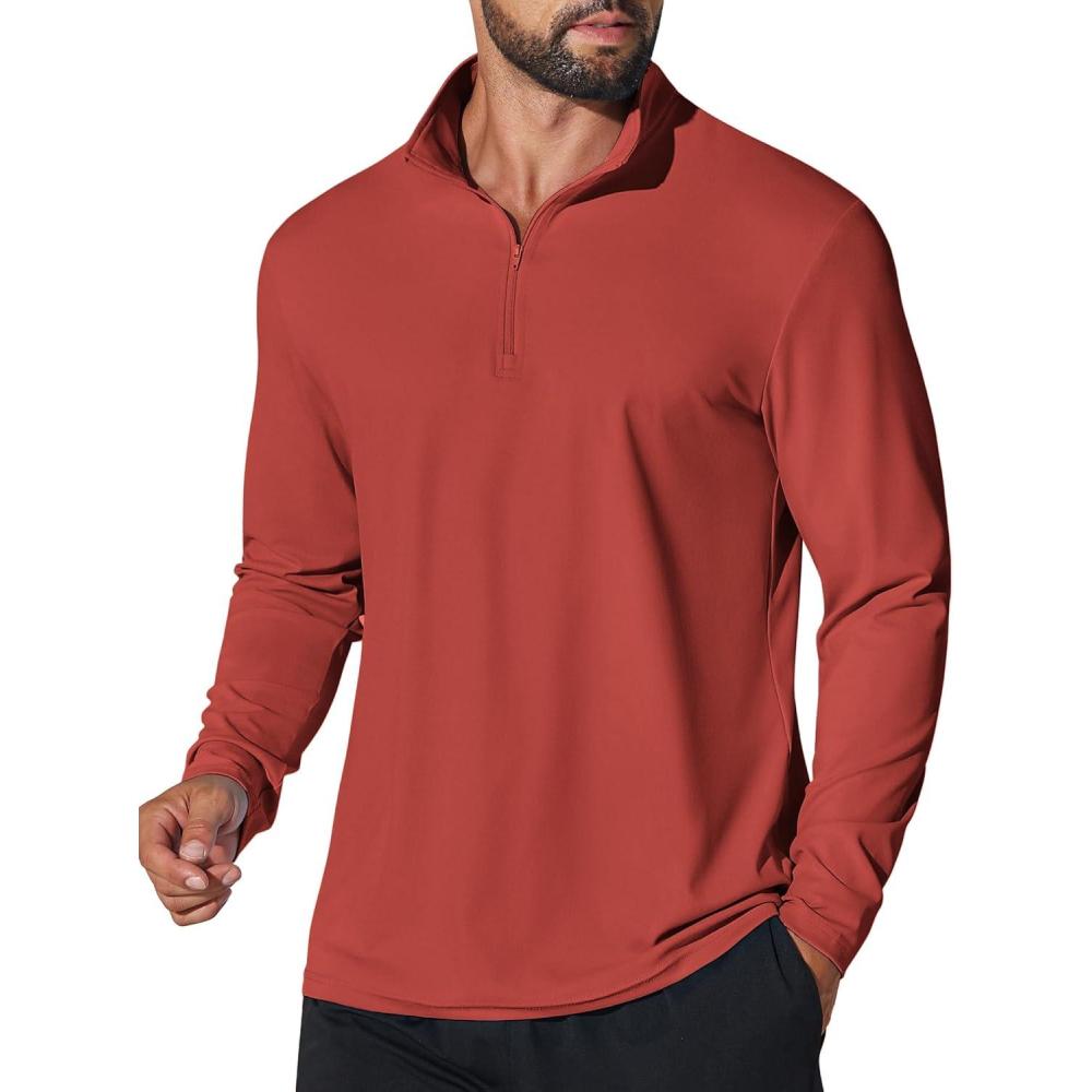 imageCOOFANDY Mens Quarter Zip Pullover Athletic Shirt Long Sleeve Sun Protection Shirt Golf Zip Up Lightweight T Shirts for ManRed