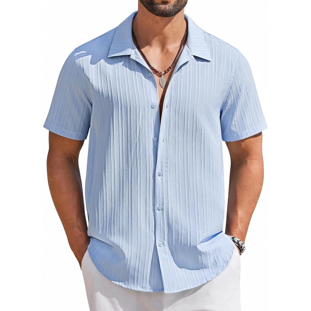 imageCOOFANDY Mens Short Sleeve Casual Button Down Shirts Textured Summer Beach ShirtLight Blue