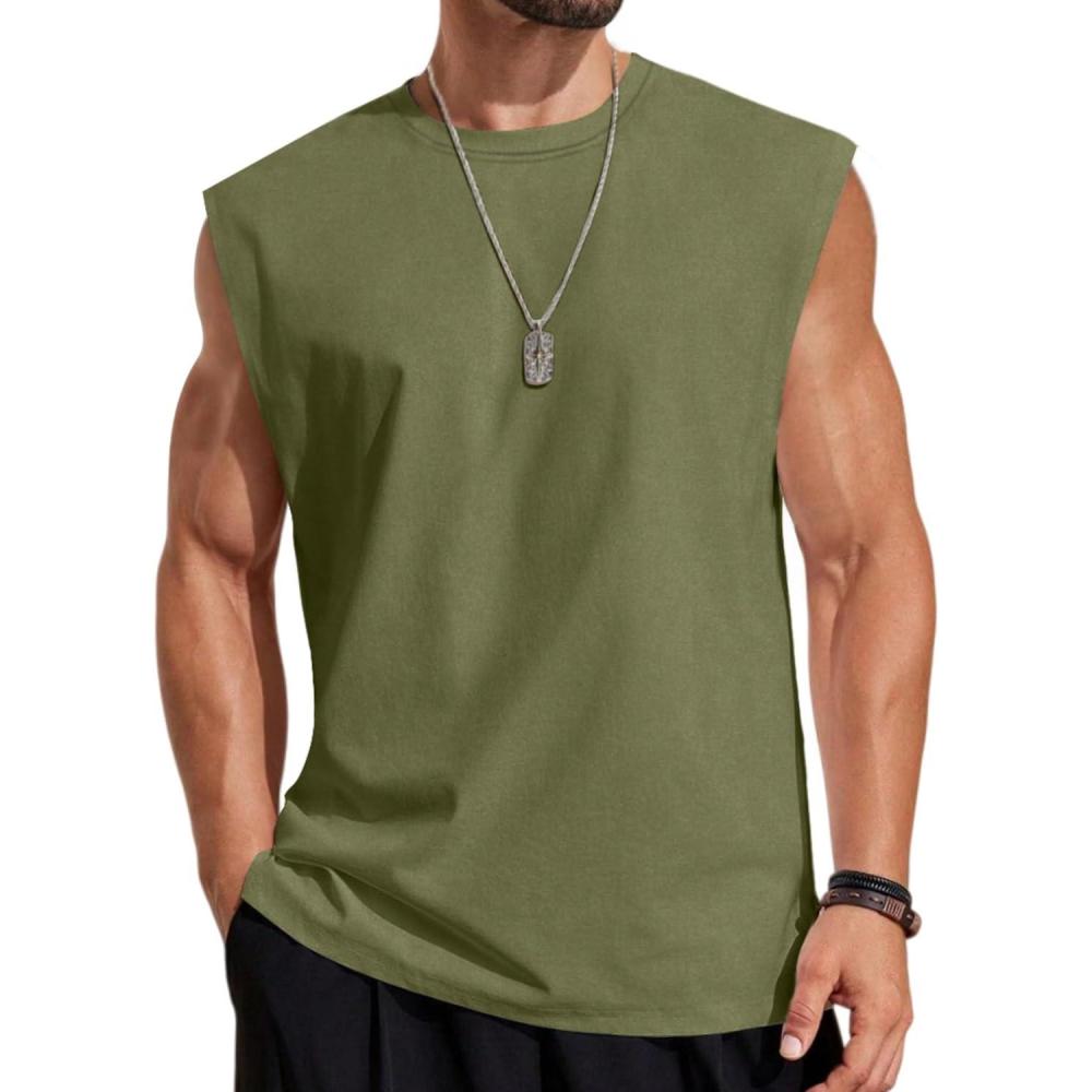 imageCOOFANDY Mens Sleeveless Shirts 100 Cotton Workout Tank Tops Cut Off Shirts Gym Muscle Loose Fit TeeArmy Green