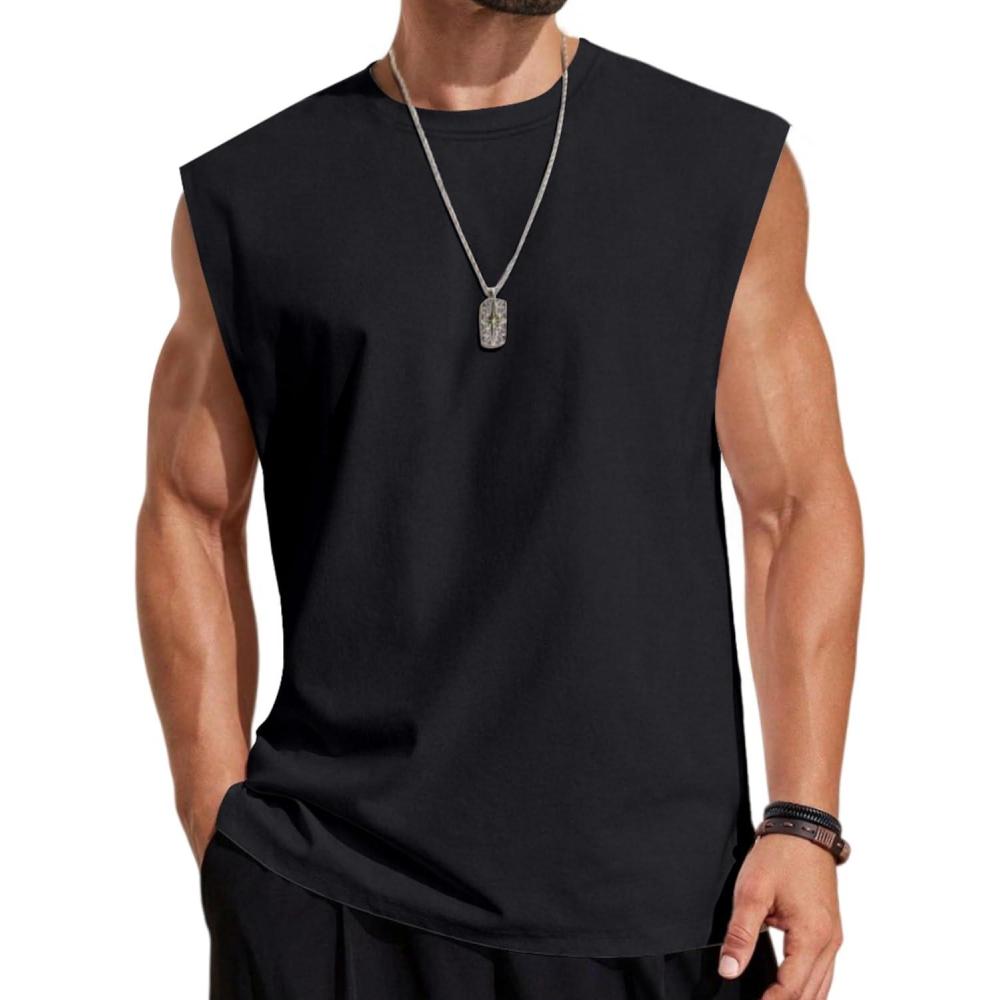 imageCOOFANDY Mens Sleeveless Shirts 100 Cotton Workout Tank Tops Cut Off Shirts Gym Muscle Loose Fit TeeBlack