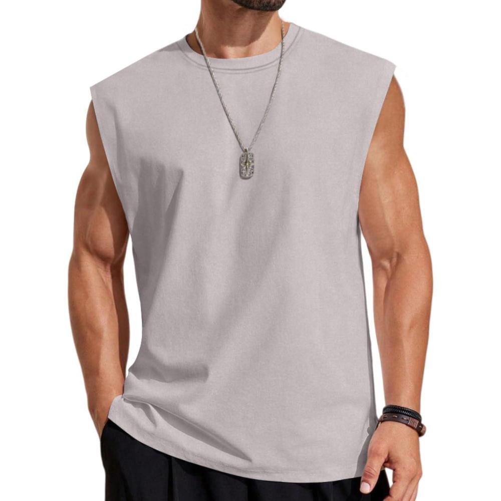 imageCOOFANDY Mens Sleeveless Shirts 100 Cotton Workout Tank Tops Cut Off Shirts Gym Muscle Loose Fit TeeLight Grey