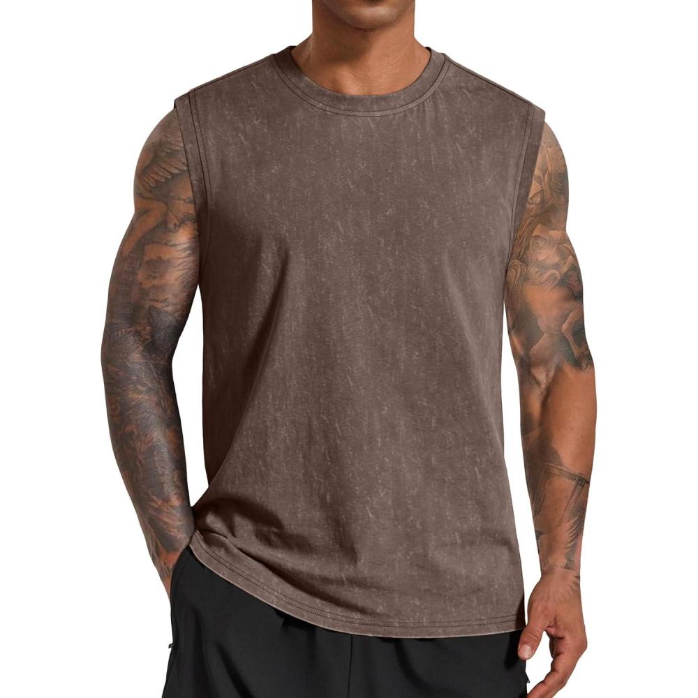 imageCOOFANDY Mens Sleeveless Shirts Cotton Workout Tank Tops Muscle Cut Off Shirt Summer Beach Casual Oversized Washed TeeBrown