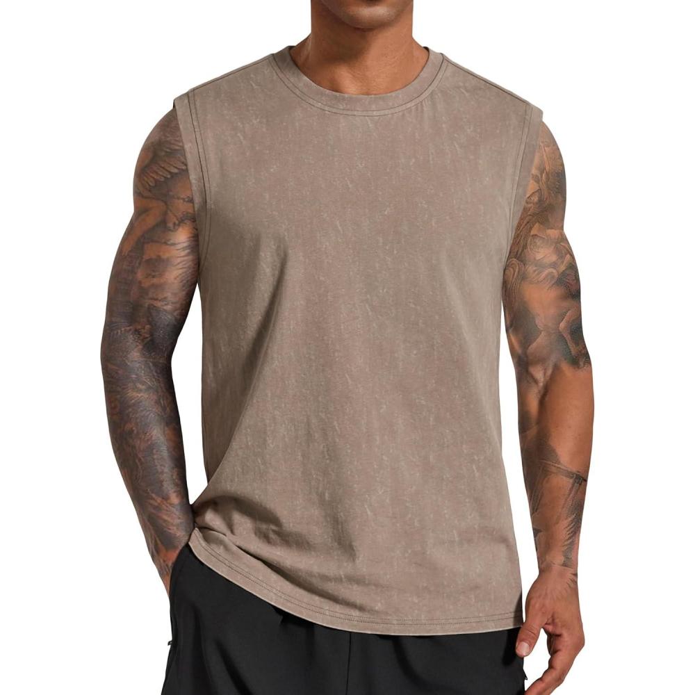 imageCOOFANDY Mens Sleeveless Shirts Cotton Workout Tank Tops Muscle Cut Off Shirt Summer Beach Casual Oversized Washed TeeKhaki