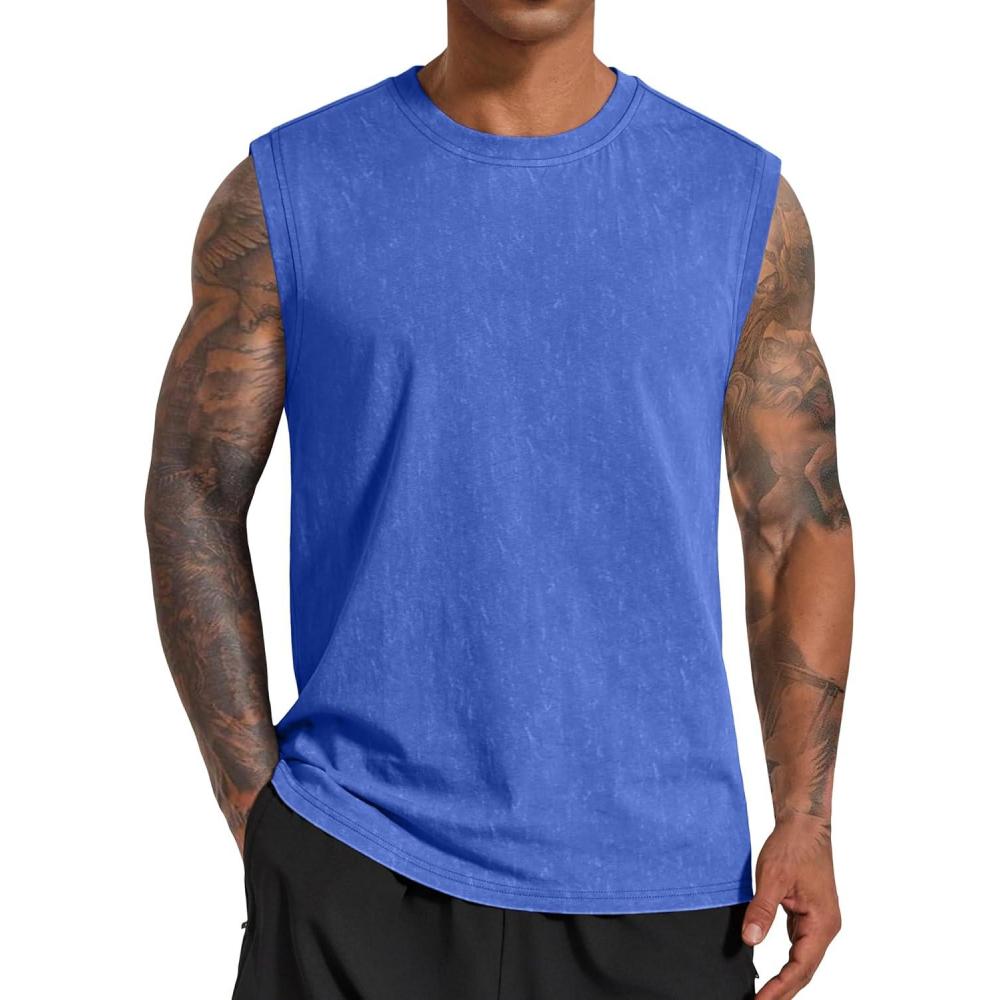 imageCOOFANDY Mens Sleeveless Shirts Cotton Workout Tank Tops Muscle Cut Off Shirt Summer Beach Casual Oversized Washed TeeLight Blue