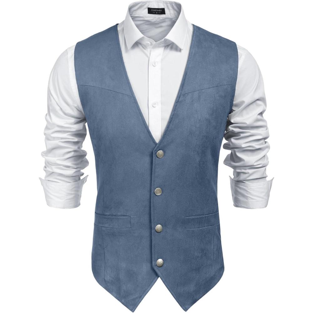 imageCOOFANDY Mens Suede Leather Vest Cowboy Western Waistcoat Casual Slim Fit Suit VestNavy Blue