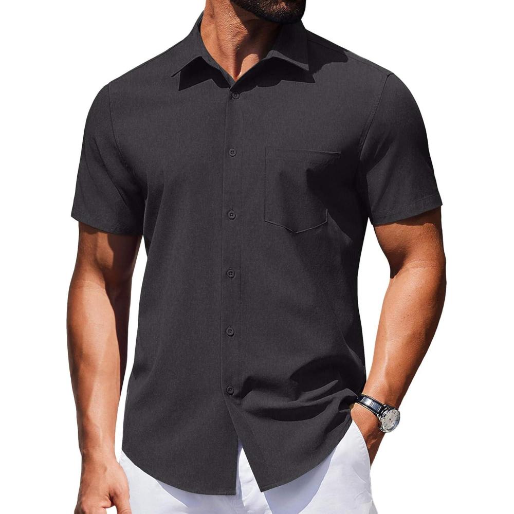 imageCOOFANDY Mens Wrinkle Free Shirts 2026 Short Sleeve Casual Button Down Summer Dress ShirtsDeep Gray