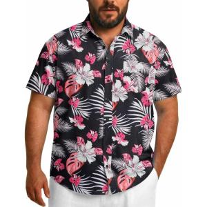 COOFANDY Big and Tall Men’s Hawaiian Shirts Short Sleeve Tropical Floral Button Down Shirt Casual Summer Beach Shirts(Black & Red Tropical Style)