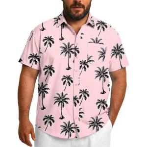 COOFANDY Big and Tall Men’s Hawaiian Shirts Short Sleeve Tropical Floral Button Down Shirt Casual Summer Beach Shirts(Coconut Tree Pink)