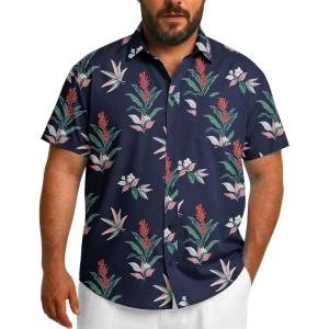 COOFANDY Big and Tall Men’s Hawaiian Shirts Short Sleeve Tropical Floral Button Down Shirt Casual Summer Beach Shirts(Navy Plant)